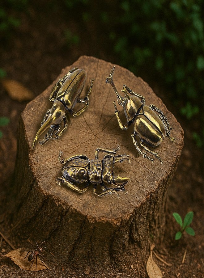 KH866 3PCS/Set Insect Bug Wall Decor, Solid Brass Beetle Figurine Ornament, Exquisite Miniature Taurus Horn Insects Art Statue, Simulation Desk Decoration Crafts, Home Living Room Artwork Gift for Tea Table - Image 4